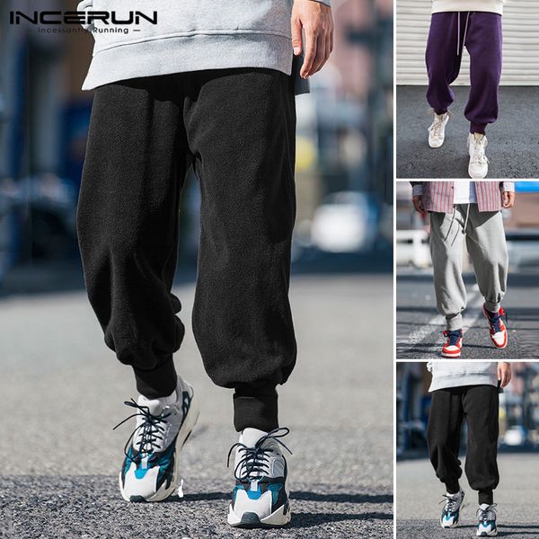 

incerun winter men solid thermal casual sweatpants jogger comfort elastic waist drawstring straight pants fashion mens trousers, Black