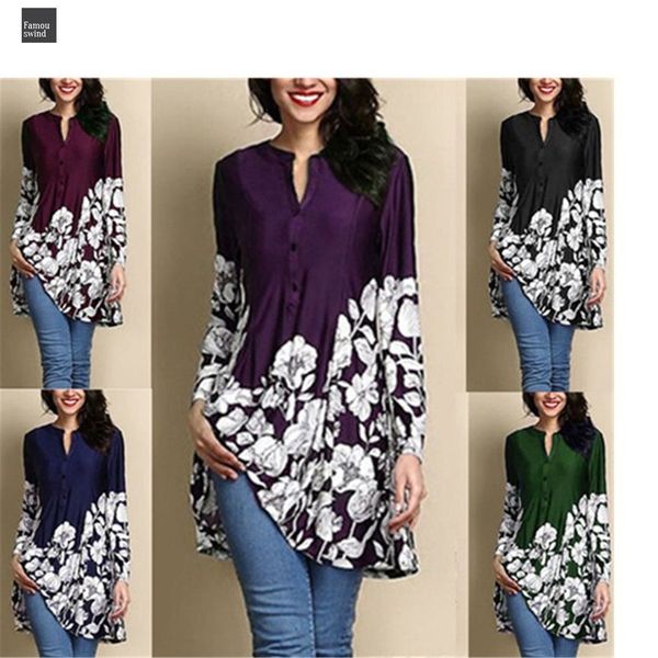 

new summer blouse style fashion women casual long sleeve long print plus size loose v neck tunic, White