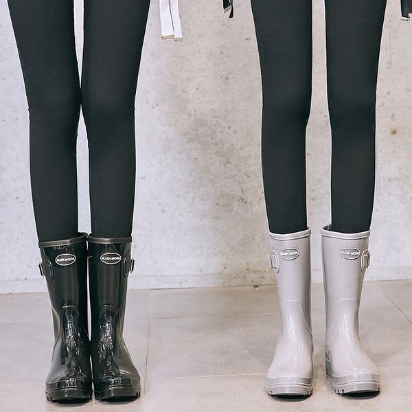

removable inner mid-calf rain boots for woman ladies rubber shoes for casual walking outdoor waterproof female low heel, Black