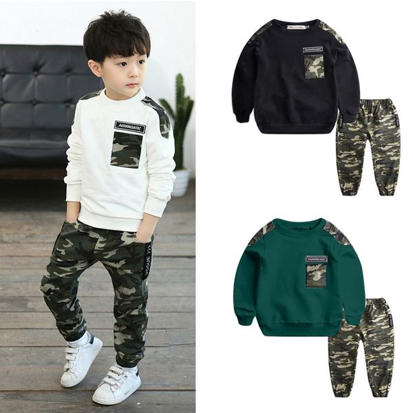 

new camouflage suit summer toddler baby girl boys printed pockets long sleeve camouflage printed pants tracksuit 2pcs fashion outfit, White