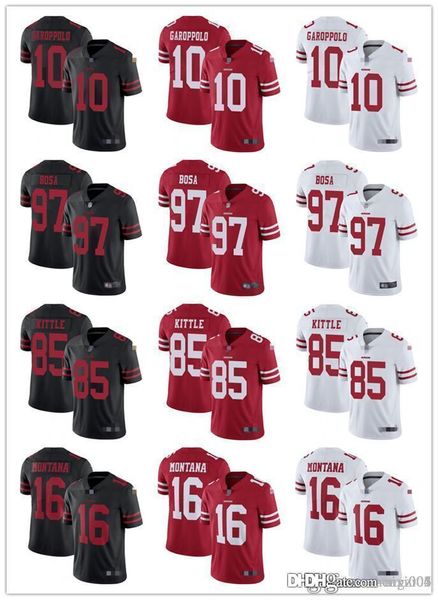 

men san francisco 49ers 16 joe montana 85 george kittle 10 jimmy garoppolo 97 nick bosa red white black football jerseys, Black;red