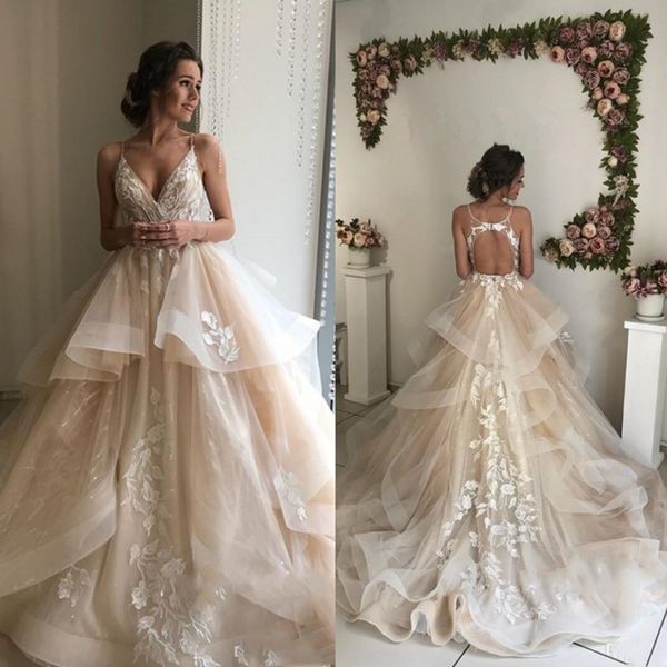 

summer spaghetti wedding dresses lace appliques tulle tiered bridal dress open backless sweep train wedding dress 2019, White