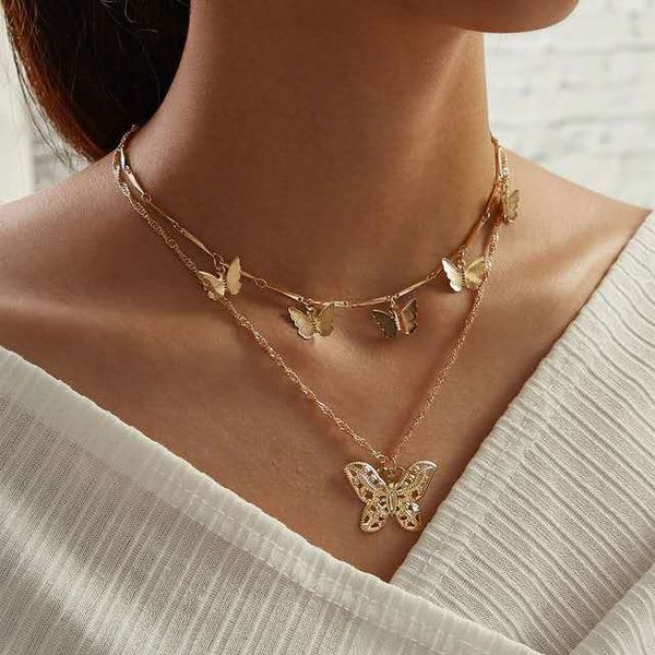 

multilayer gold butterfly pendant charm necklace vintage alloy chain choker trendy women jewerly accesorios mujer for party, Silver