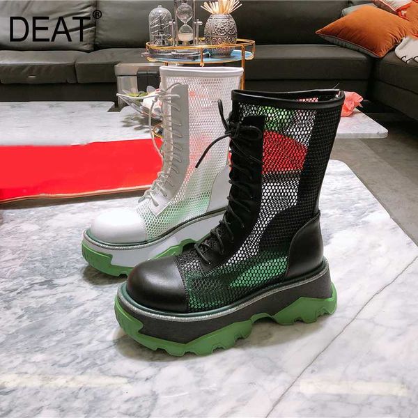 

deat]2020 mesh hollow out breathable genuine leather hit color women thick bottom cool boots new spring summer tide 10h357, Black