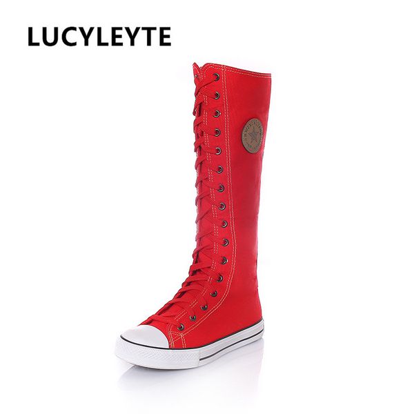 

2017 new fashion 3colors women's canvas boots lace zipper knee high boots flat shoes casual high help punk shoes girls, Black