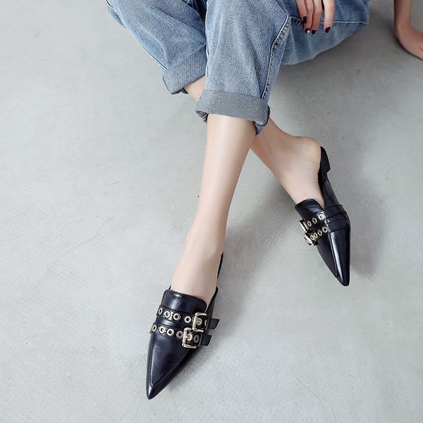 

ymechic summer 2019 flat heel mules buckle strap rivet hole pointed toe flats womens shoes white black large size ladies shoe