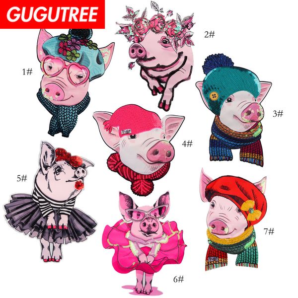 

printed sequined pigs patches for jackets,cartoon animal badges for jeans,pig appliques patches for clothing a79, Black