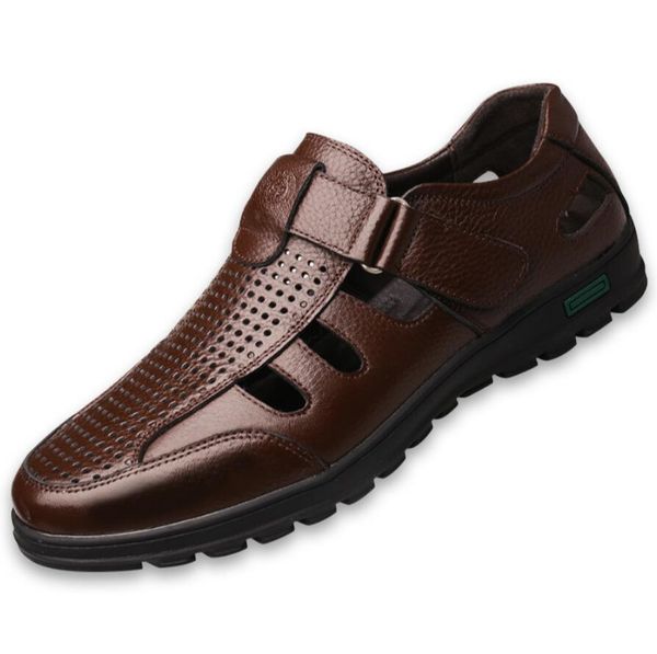 

2019 summer new men genuine leather sandals men beach shoes shoes gladiator erkek sandals slippers business hombre, Black