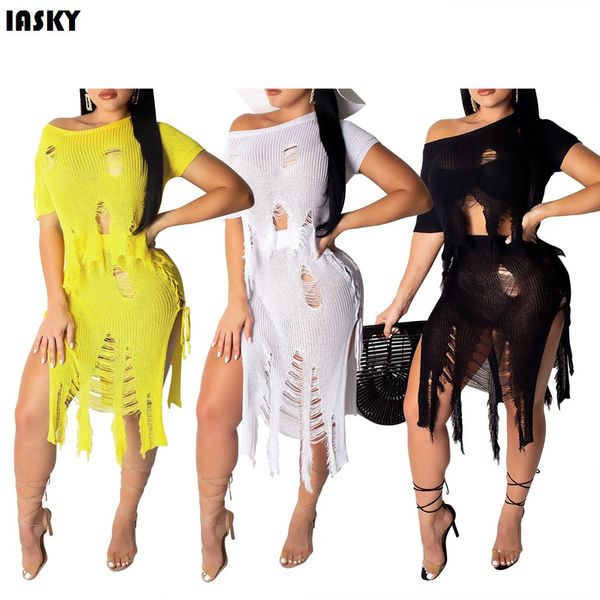 

iasky 2020 new crochet tassels beach cover ups women knitted hollow out + skirts bikini swimsuit cover ups beachwear 2p