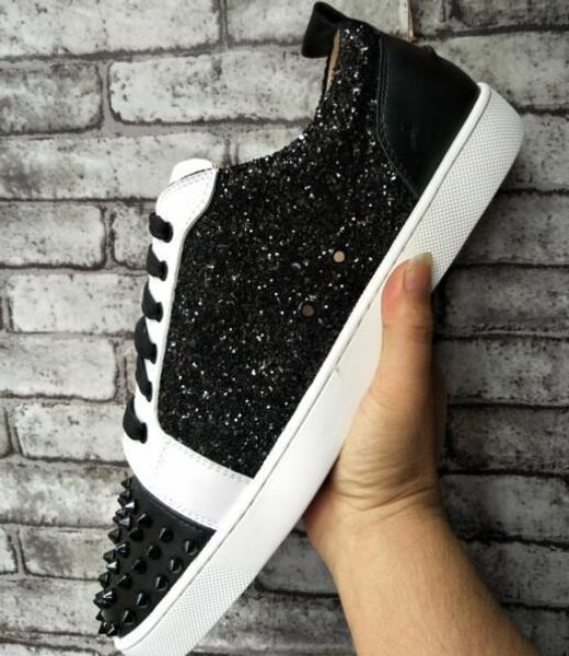 

fashion designer brand black glitter flats shoes red bottom shoes for mens and women party lovers genuine leather sneakers d09