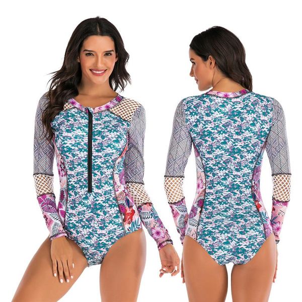 

sun protect rash guard women long sleeve one piece swimsuit diving surf swimwear sun protection front zipper patchwork rashguard