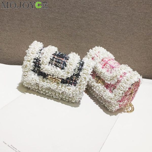 

fashion woolen crossbody handbags kids children girl elegant pearls purse chain small shoulder messenger bag