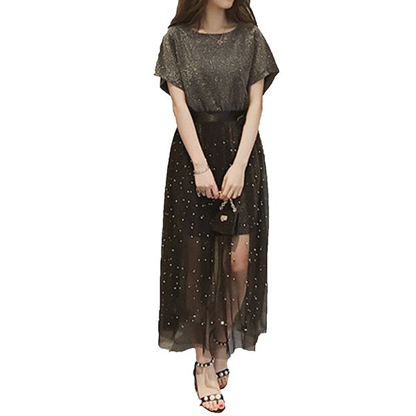 

2 piece set 2019 summer women bright silk long t-shirt dress +beading mesh see through skirt suits female fashion chic sets j110, White