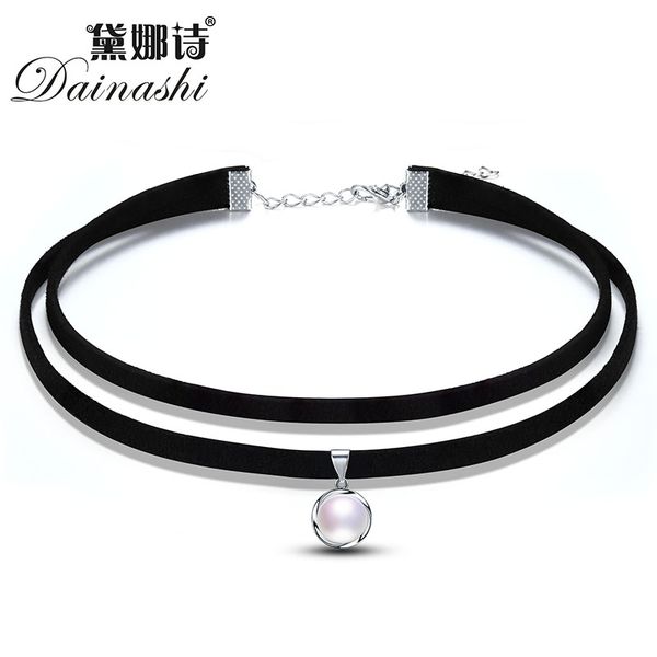 

dainashi 2017 women jewelry pendant leather strap necklace chokers necklace real natural freshwater pearl ladies link, Silver
