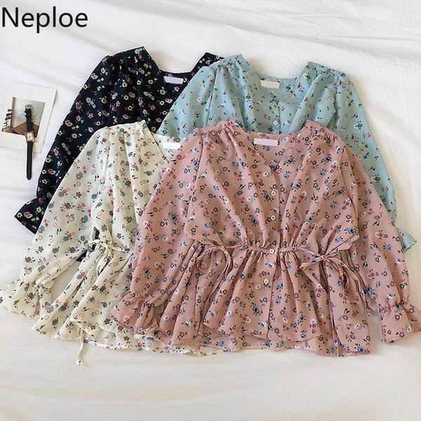 

neploe цветок печати блуза женщины весна 2020 мода южная корея свежий boho с длинным рукавом v образным вырезом рубашки вскользь женщины топ, White