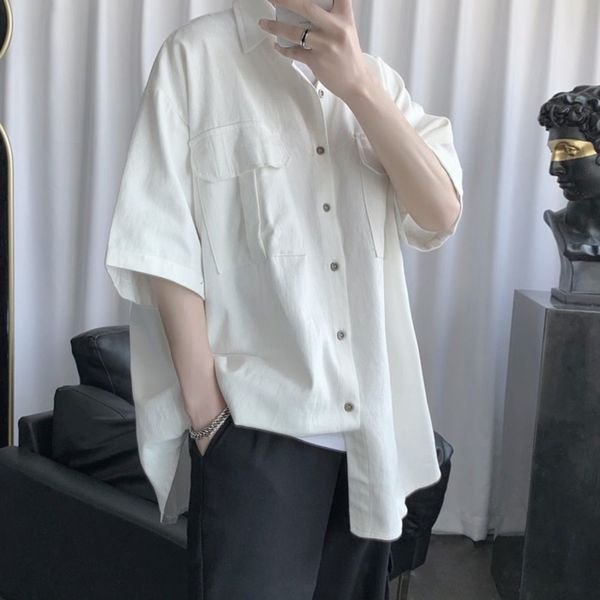 

men's short-sleeved shirt 2020 spring and summer new solid color loose tooling shirt young personality fashion trend men's, White;black