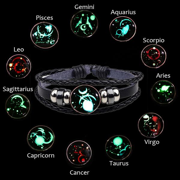 

personalized 12 constellations zodiac bracelet for men glow in the dark moon braided beaded female leather bracelets & bangles, Golden;silver