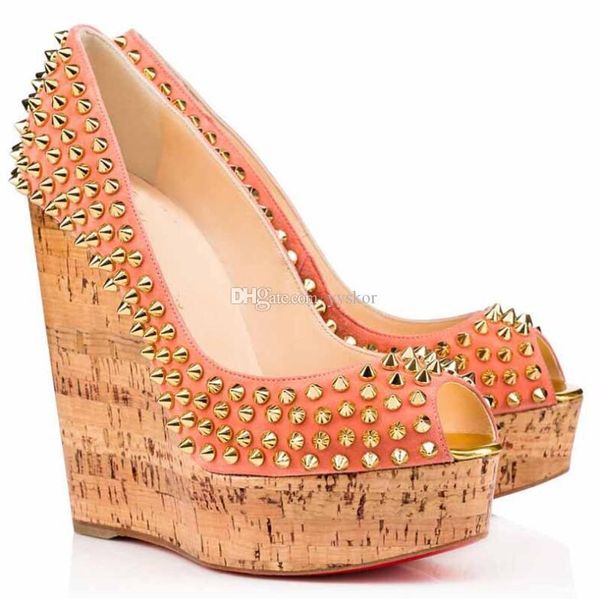 

perfect quality ladies brand red bottom une plume spikes women wedges feminine style platfrom pumps lady party wedding, Black