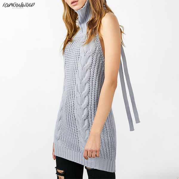 

japan tie open jumper backless long virgin killer sweater turtleneck sleeveless lace-up women pullover vest 5 colors, White;black