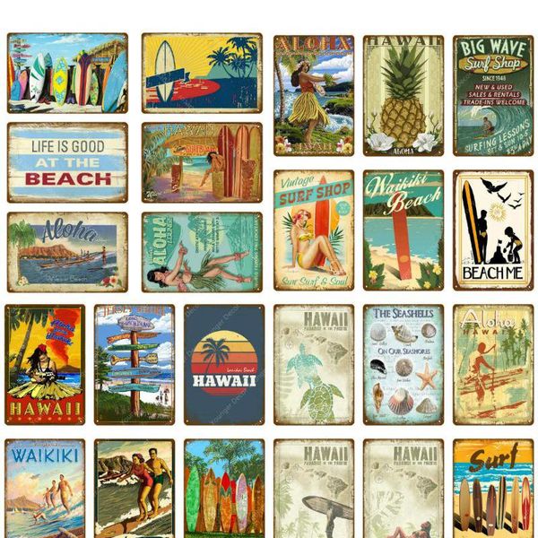 2019 Vintage Surf Shop Decor Aloha Hawaii Metallo Targhe in metallo Wall Art Painting Plate Seaside Bar Pub Club Plaque Waikiki Beach Poster ABOX