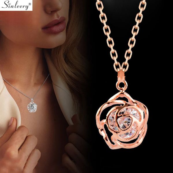 

sinleery rose flower hollow design necklace rose gold silver color inlay cubic zirconia chain choker necklace jewelry xl097 ssh