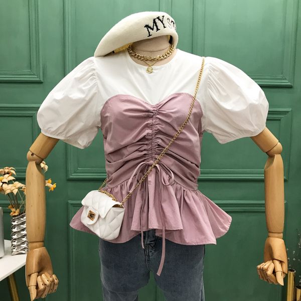 

blusas mujer de moda 2020 summer short sleeved drawstring pleated shirt strip blouse ladies blouses, White