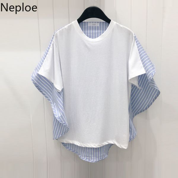 

neploe new fashion batwing sleeve t-shirt white blue stripe patchwork tee shirts 2019 summer ruffles korean women shirt 52929