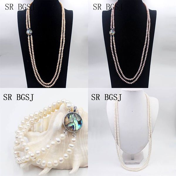 

6-7mm women jewelry natural round graduated 2-row freshwater pearl abalone clasp necklace pearl set, Silver