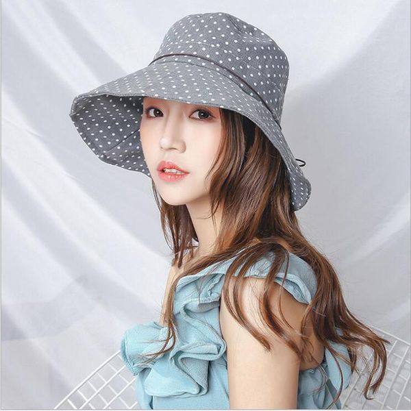 

fashion summer wide brim cotton bucket hat for women polka dot foldable sun hats casual lady floppy uv beach visors cap, Blue;gray