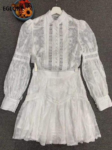 

2020 летняя мода юбка костюм женщины выдалбливают кружева вышивка с длинным рукавом белые черные рубашки+высокая талия сексуальная юбка кост, White