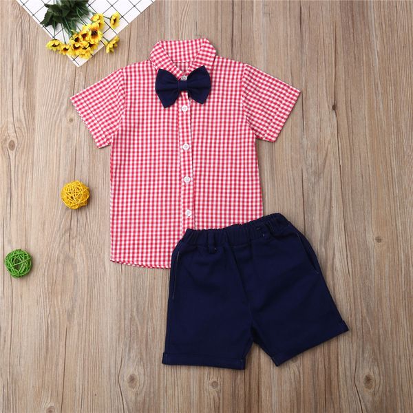 

two piece set toddler kids baby boys clothes bowknot plaid shirt+elastic blue shorts 2 piece set fashion handsome outfits summer, White
