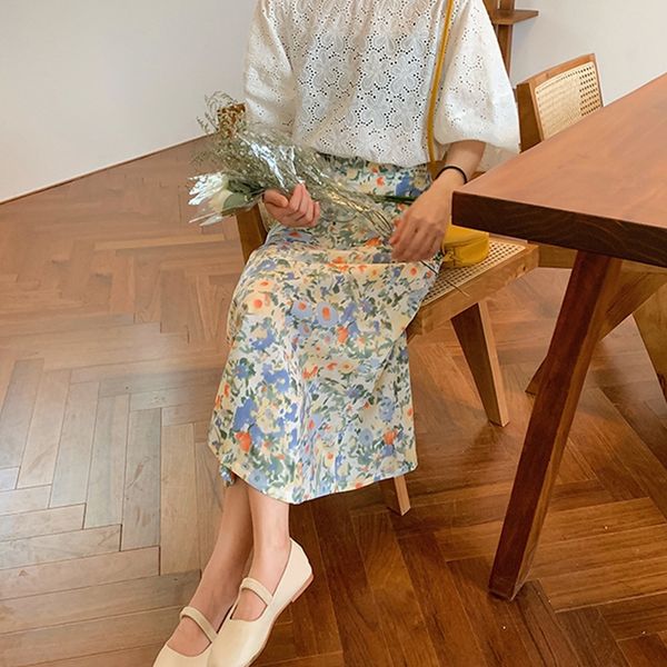 

with enjun] a227 oil painting semi-elastic long floral high [with enjun] a227 oil painting semi-elastic waist long floral skirt high waist, Black