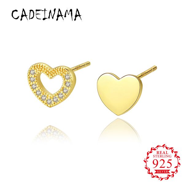 

cadeinama fashion women genuine solid 925 sterling silver stud earrings girl love heart simple zircon earrings wedding gift, Golden;silver