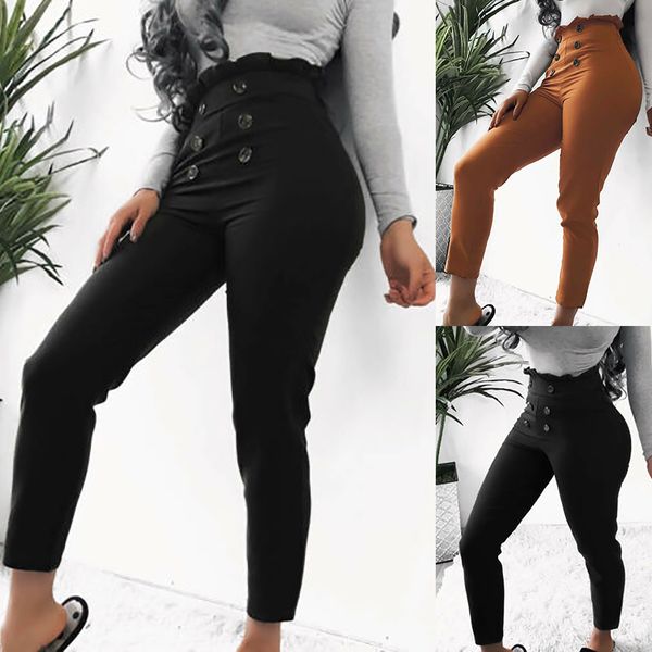 

women 2019 high waist pants solid button slim pantalon femme casual pencil pants women skinny trousers ladies fashion streewear, Black;white