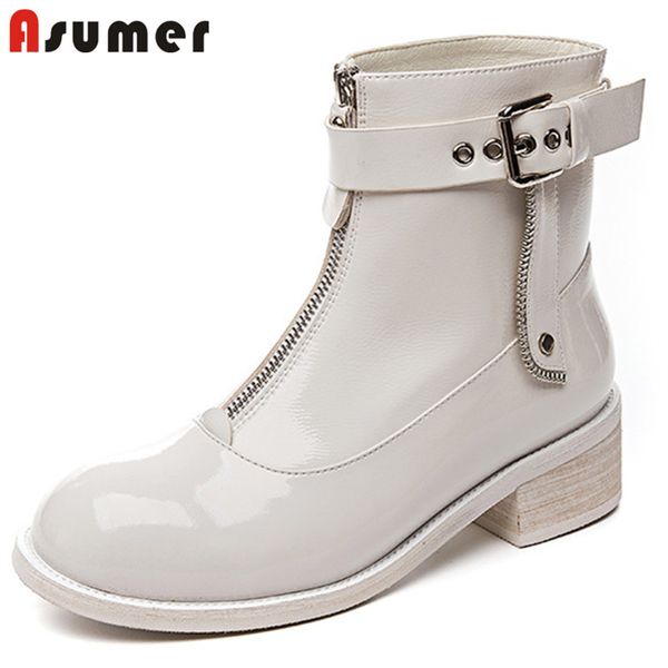 

asumer 2020 big size 42 patent leather ankle boots women round toe buckle autumn winter short boots low heels punk shoes woman, Black