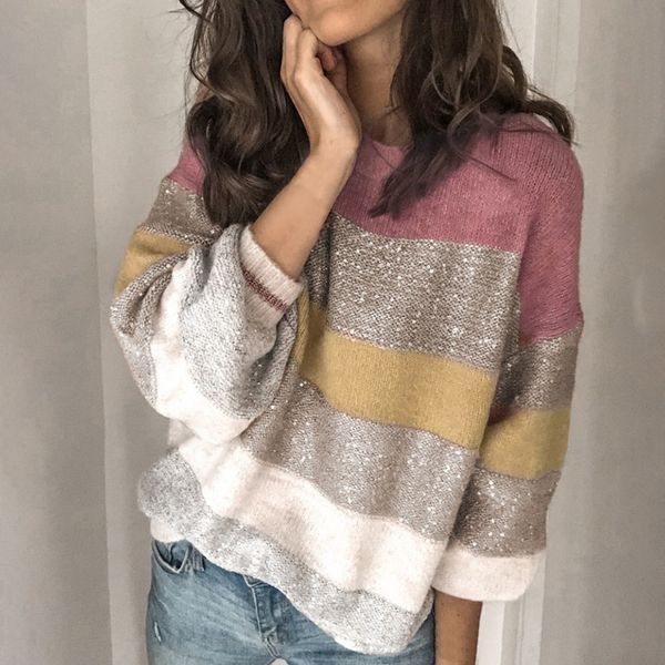 

loose casual knit sweater women autumn 2019 female pullover long sleeve striped knitted sweaters femme elegant clothes, White;black