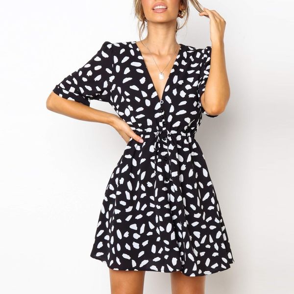 

Fashion Women's Printing V-neck Short Sleeve Button Summer Dresses Elegant Office Loose Ladies Dress Vestidos De Festa