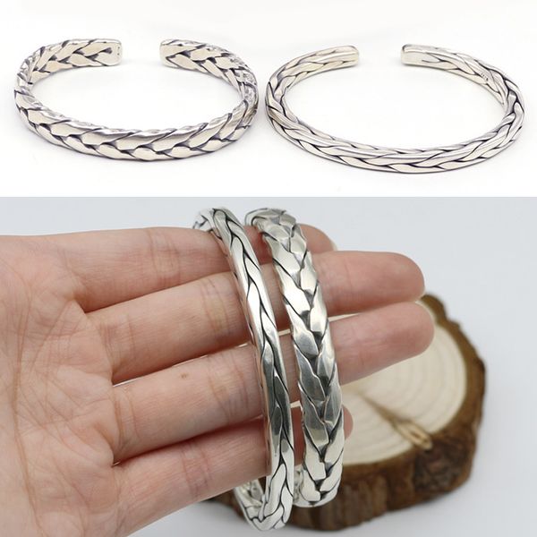 

high-grade s925 male and female couples pure silver bracelet, open national style hand-woven texture hemp personality bracelet, Golden;silver