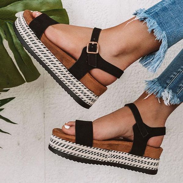 

shoes woman sandals summer platform female sandals leather straps muffin bottom zapatillas mujer casual 2020, Black