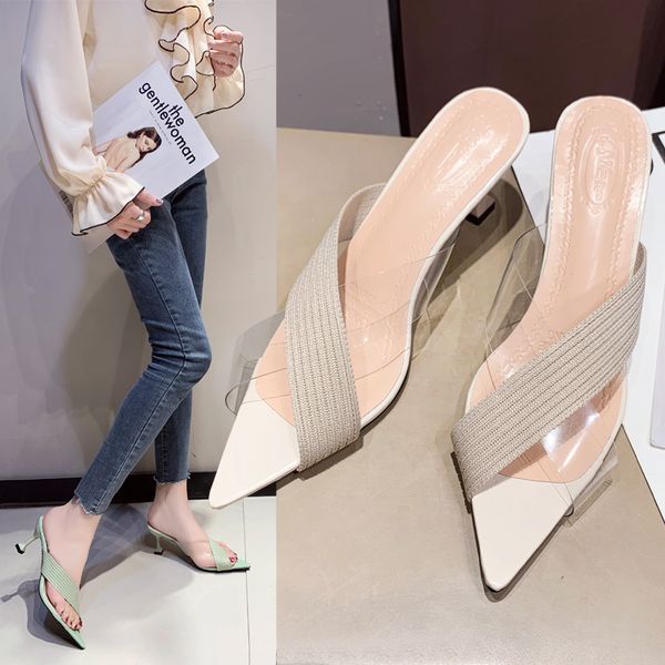 

shoes pointed toe slippers heels shallow slipers women slides med high 2020 summer thin transparent pu tpr scandals high-heeled, Black