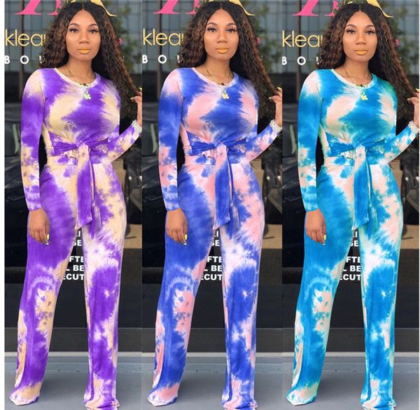 

fashion women tracksuits fashion tie dyed two piece pants casual sashes crew neck two piece sets, Gray