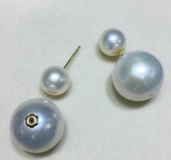 

nueva gran par de 6-11mm mar del sur ronda blanco perla pendiente 18 k, White