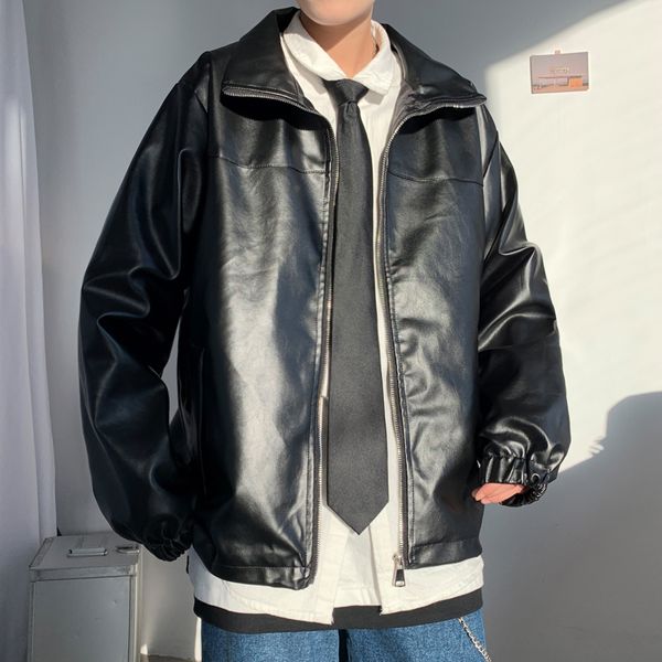 

men's 2020 spring new loose solid color imitation leather school uniform jacket couple jacket youth personality trend men, Black;brown