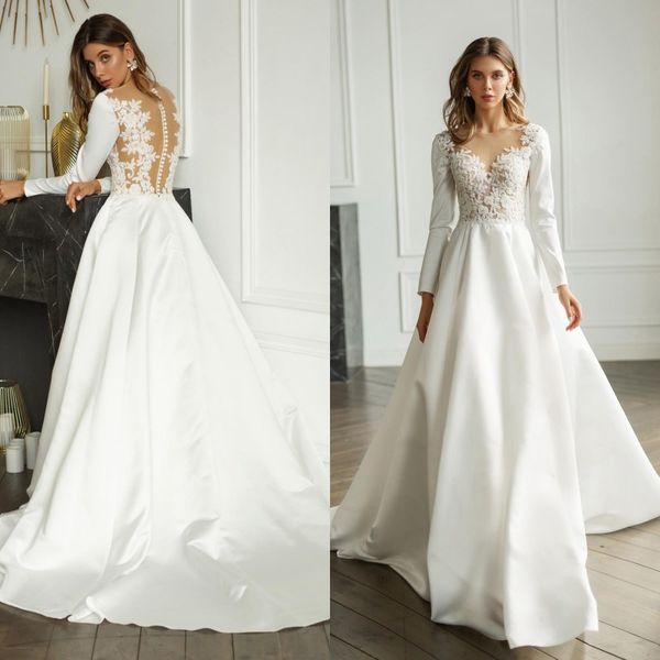 

georges hobeika чешские свадебные платья с длинными рукавами кружева аппликации boho свадебные платья кнопка назад развертки поезд линии сва, White