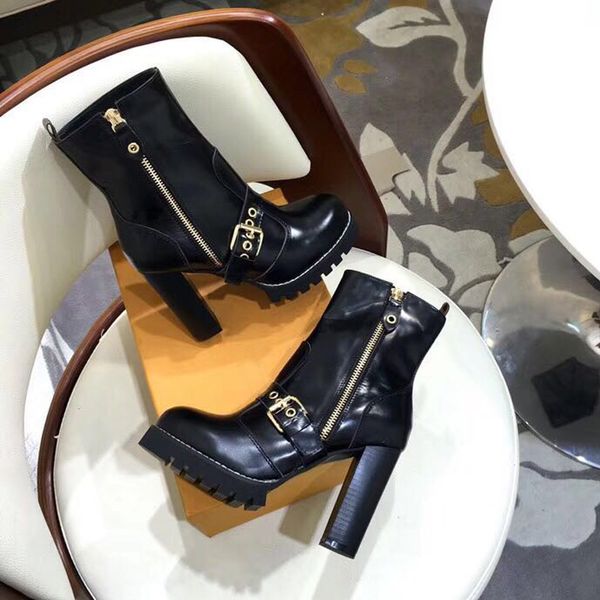 

winter thick heeled women fashion dress ankle boots real leather design martin boots ladies motorcycle booties buckles female martin boots, Black