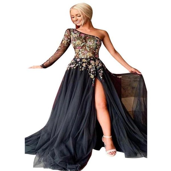 

flower appliques patchwork high split side maxi dress vestidos party women skew collar one shoulder long sleeve robe sn4230, Black;gray