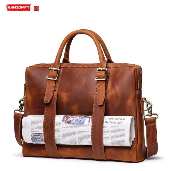 

new men's crazy horse leather handbag genuine leather large capacity men computer bag cowhide shoulder diagonal briefcase 15.6"