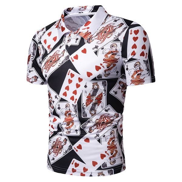 

new style summer men playing cards printed ouma short sleeve lapel t-shirt pl73, White;black