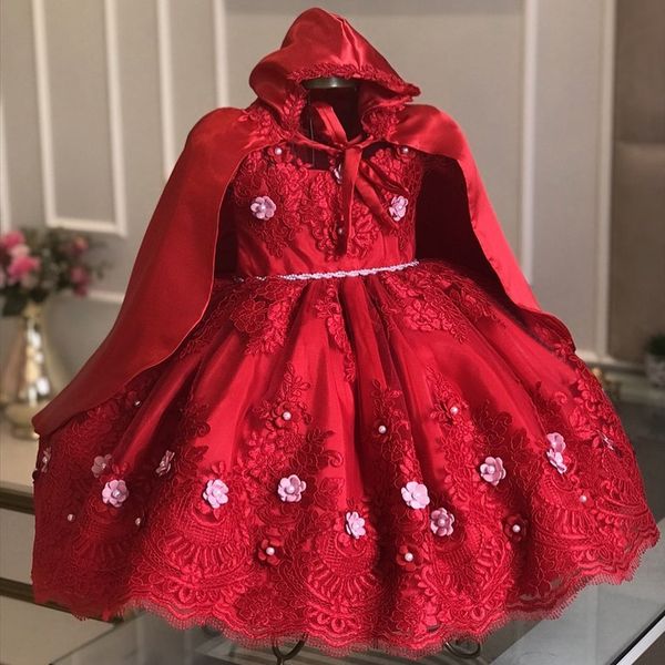 Vestido de esfera de renda vermelha vestido de flor de miçangas com capa para casamentos jóias pescoço de gola aplicada para criança vestidos de concurso de cano de campainha do tornozelo