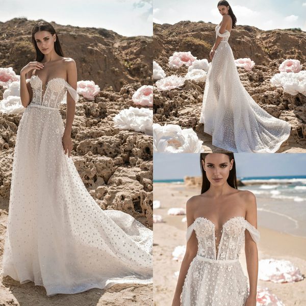 

2019 berta boho wedding dresses off the shoulder lace 3d floral applique beaded bridal gowns a line custom made beach wedding dress, White